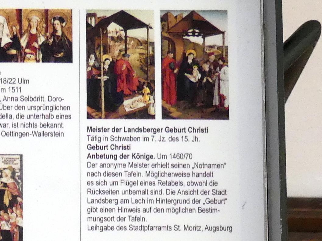 Meister der Landsberger Geburt Christi (1465), Anbetung der Könige, Augsburg, Staatsgalerie in der ehem. Katharinenkirche, Saal 2, um 1460–1470, Bild 4/4