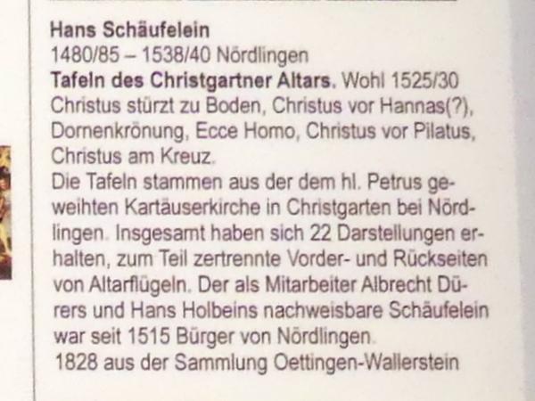 Hans Schäufelein (1503–1531), Tafeln des Christgartner Altars, Christgarten, ehem. Kartäuserkloster St. Petrus, jetzt Augsburg, Staatsgalerie in der ehem. Katharinenkirche, Saal 4, um 1525–1530, Bild 3/3