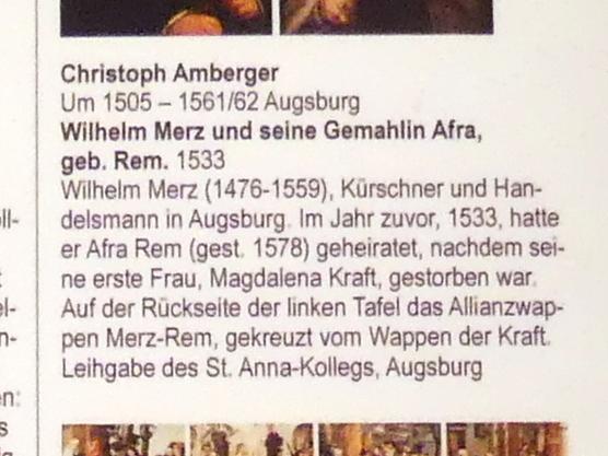 Christoph Amberger (1525–1552), Wilhelm Merz und seine Gemahlin Afra, geb. Rem, Augsburg, Staatsgalerie in der ehem. Katharinenkirche, Saal 4, 1533, Bild 3/3