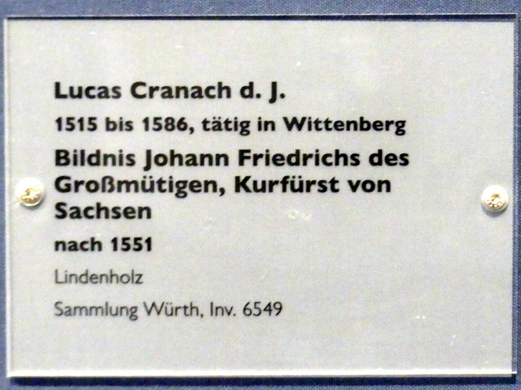 Lucas Cranach der Jüngere (1537–1586), Bildnis Johann Friedrichs des Großmütigen, Kurfürst von Sachsen, Schwäbisch Hall, Johanniterkirche, Alte Meister in der Sammlung Würth, nach 1551, Bild 3/3