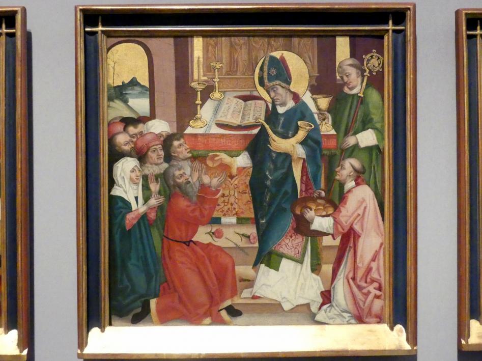 Badener Nelkenmeister (Werkstatt) (1510), Der Heilige Hubert teilt als Bischof von Lüttich Brot und Wein an das Volk aus, Schwäbisch Hall, Johanniterkirche, Alte Meister in der Sammlung Würth, um 1510
