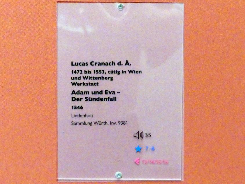 Lucas Cranach der Ältere (Werkstatt) (1515–1550), Adam und Eva - Der Sündenfall, Schwäbisch Hall, Johanniterkirche, Alte Meister in der Sammlung Würth, 1546, Bild 2/2