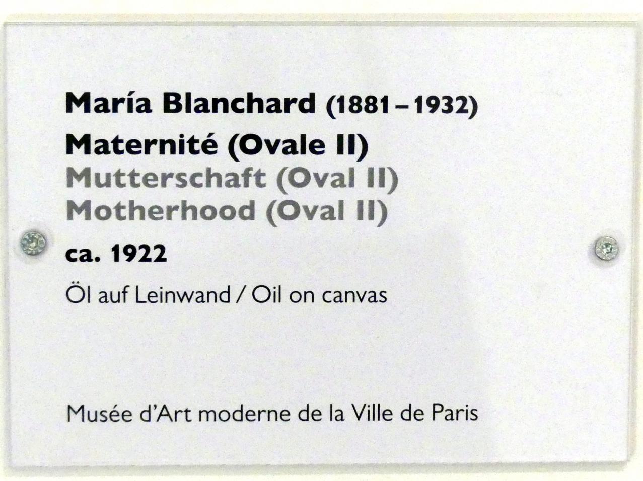 María Gutiérrez Blanchard (1917–1926), Mutterschaft (Oval II), Schwäbisch Hall, Kunsthalle Würth, Ausstellung "Das Musée d'Art moderne de la Ville de Paris zu Gast in der Kunsthalle Würth" vom 15.04.-15.09.2019, um 1922, Bild 2/2