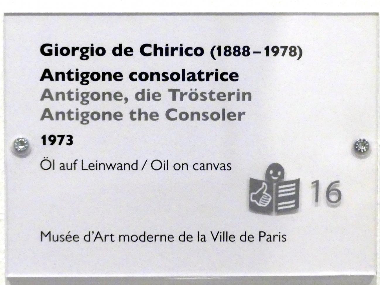 Giorgio de Chirico (1913–1973), Antigone, die Trösterin, Schwäbisch Hall, Kunsthalle Würth, Ausstellung "Das Musée d'Art moderne de la Ville de Paris zu Gast in der Kunsthalle Würth" vom 15.04.-15.09.2019, 1973, Bild 2/2
