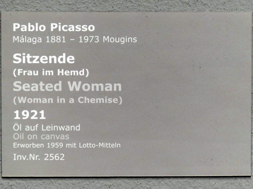 Pablo Picasso (1897–1972), Sitzende (Frau im Hemd), Stuttgart, Staatsgalerie, Internationale Malerei und Skulptur 4, 1921, Bild 2/2