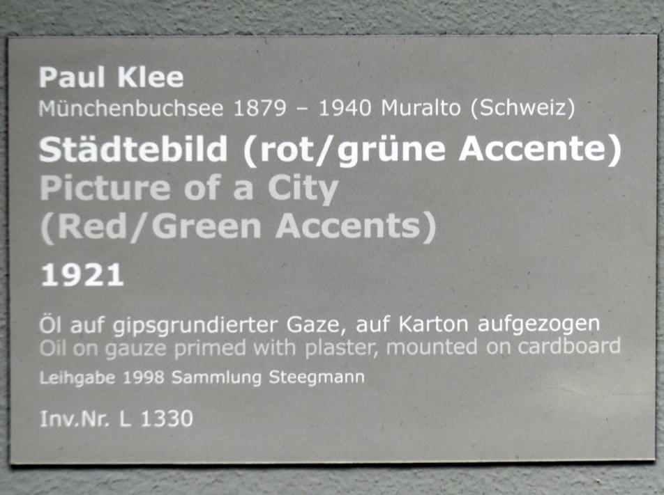 Paul Klee (1904–1940), Städtebild (rot/grüne Akzente), Stuttgart, Staatsgalerie, Internationale Malerei und Skulptur 5, 1921, Bild 2/2
