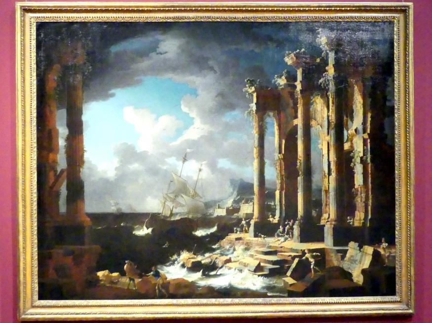 Leonardo Coccorante (1740), Ein vom Kentern bedrohtes Schiff in einem Sturm vor einer Küstenlandschaft mit antiken Ruinen, Stuttgart, Staatsgalerie, Italienische Malerei 2, um 1740, Bild 1/2