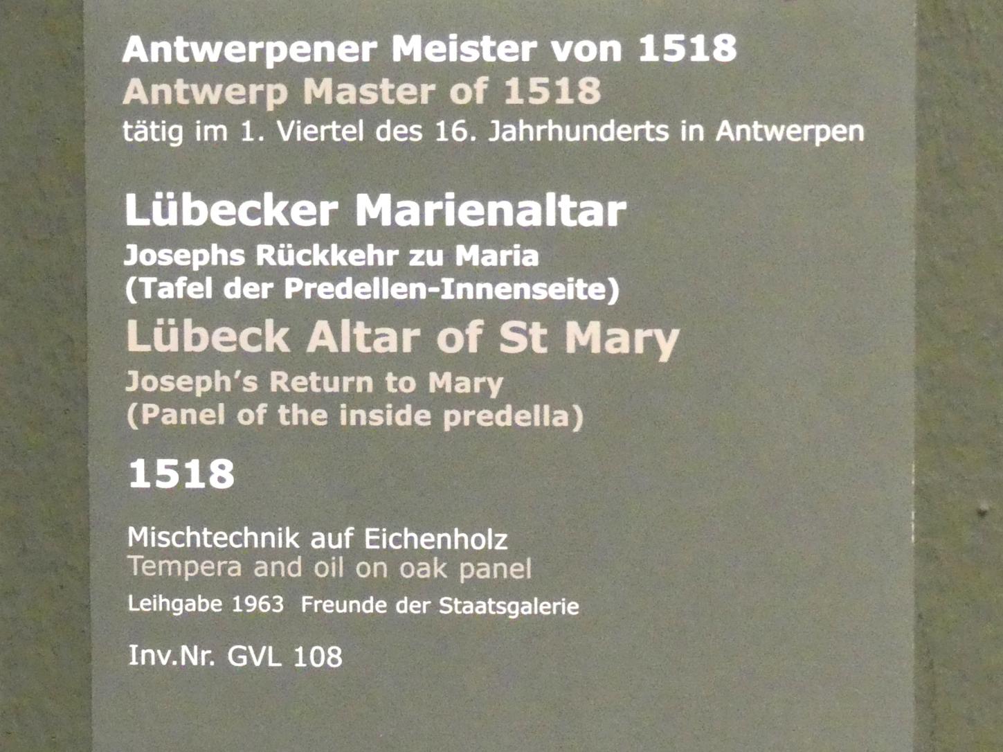 Meister von 1518 (1518), Lübecker Marienaltar - Josephs Rückkehr zu Maria, Stuttgart, Staatsgalerie, Niederländische Malerei 1, 1518, Bild 2/2