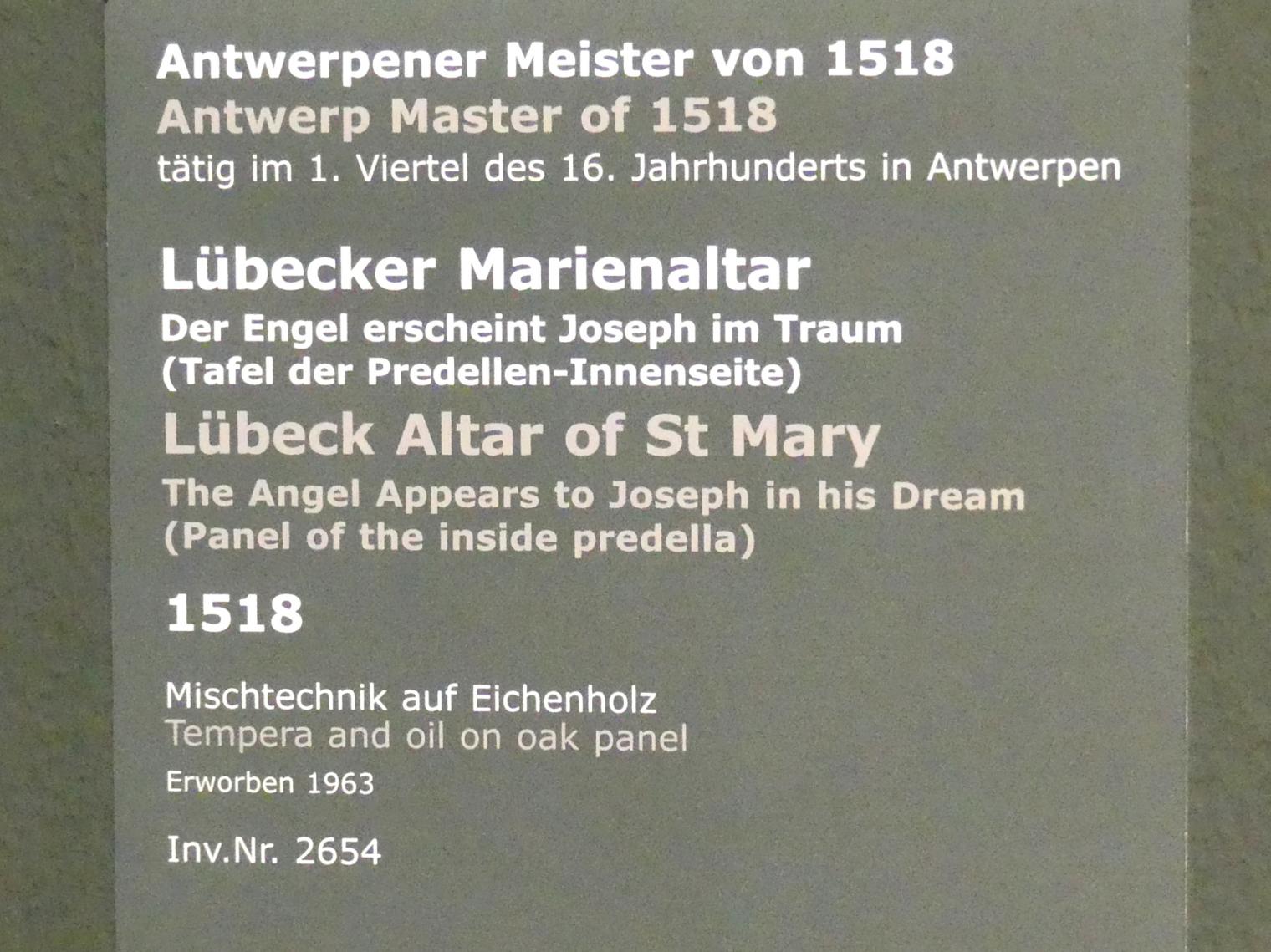 Meister von 1518 (1518), Lübecker Marienaltar - Der Engel erscheint Joseph im Traum, Stuttgart, Staatsgalerie, Niederländische Malerei 1, 1518, Bild 2/2