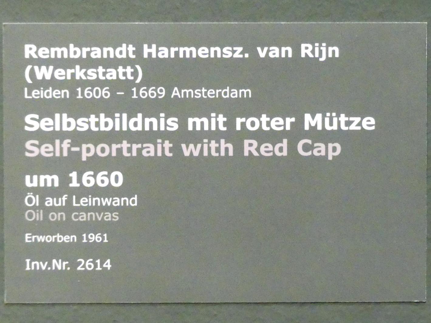 Rembrandt (Werkstatt) (1632–1660), Selbstbildnis mit roter Mütze, Stuttgart, Staatsgalerie, Niederländische Malerei 4, um 1660, Bild 2/2