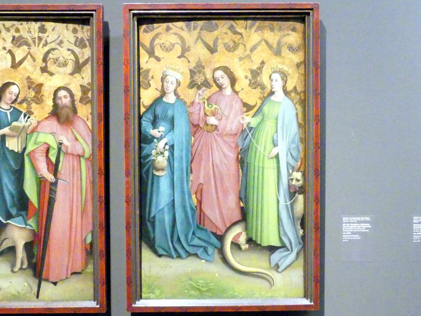 Meister der Sterzinger Altarflügel (1452–1465), Die Hll. Dorothea, Johannes der Evangelist und Margareta, Stuttgart, Staatsgalerie, Altdeutsche Malerei 2, um 1465