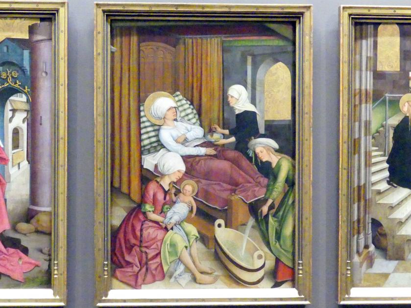 Meister des Pfullendorfer Altars (1500), Pfullendorfer Altar - Die Geburt der Maria, Pfullendorf, Stadtpfarrkirche St. Jakob, jetzt Stuttgart, Staatsgalerie, Altdeutsche Malerei 3, um 1500