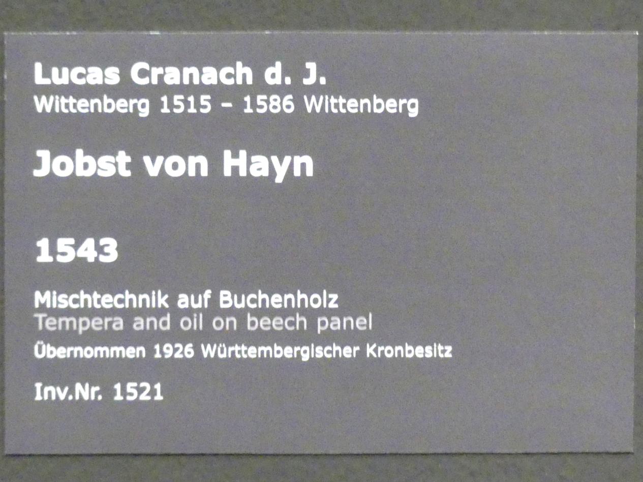Lucas Cranach der Jüngere (1537–1586), Jobst von Hayn, Stuttgart, Staatsgalerie, Altdeutsche Malerei 4, 1543, Bild 2/2