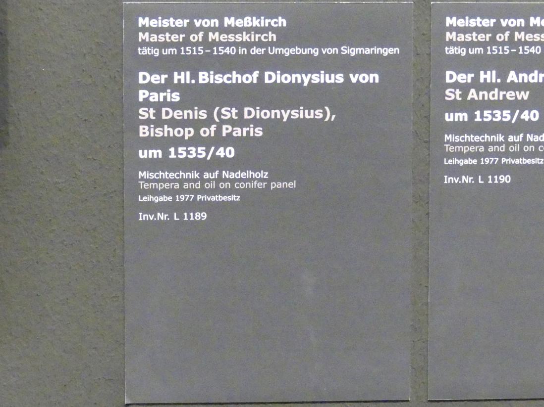 Meister von Meßkirch (1525–1540), Der Hl. Bischof Dionysius von Paris, Stuttgart, Staatsgalerie, Altdeutsche Malerei 5, um 1535–1540, Bild 2/2