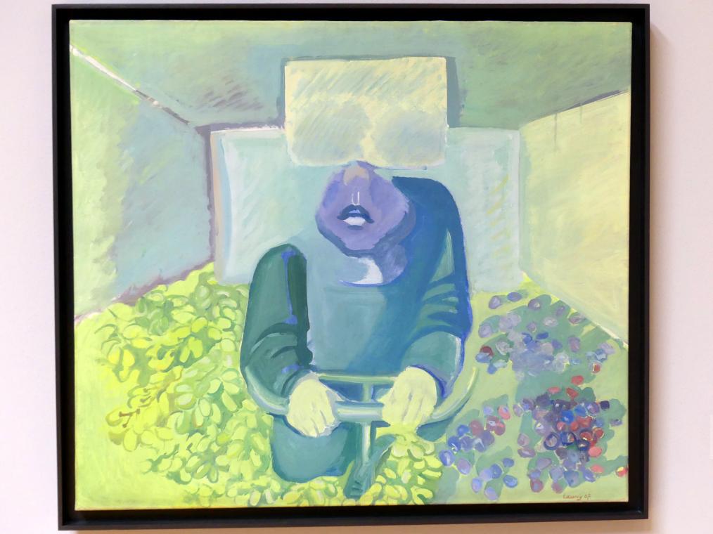 Maria Lassnig (1945–2011), Brettl vorm Kopf, Stuttgart, Staatsgalerie, Ausstellung "Maria Lassnig - Die Sammlung Klewan" vom 14.03.-28.07.2019, 1967, Bild 1/2