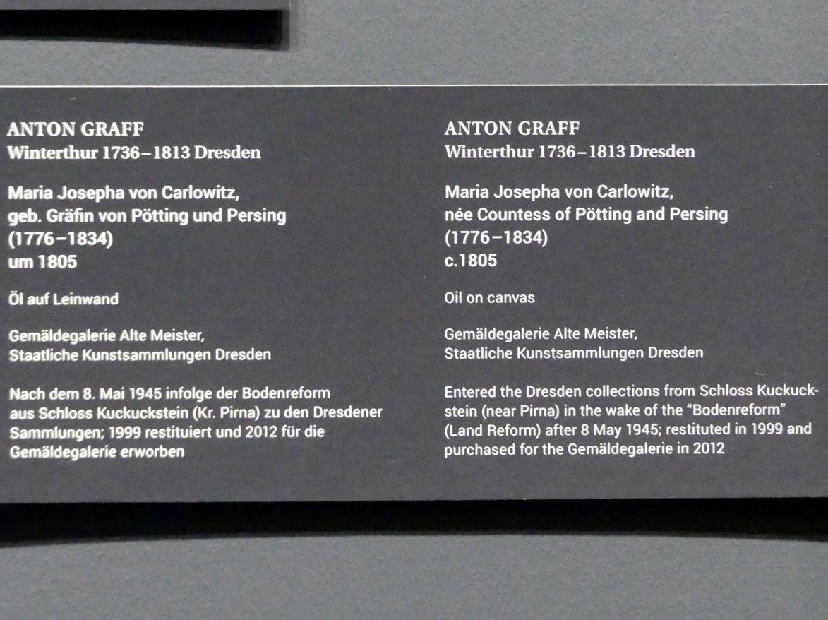 Anton Graff (1761–1807), Maria Josepha von Carlowitz, geb. Gräfin von Pötting und Persing (1776-1834), Dresden, Gemäldegalerie Alte Meister, Ausstellung "Anton Graff (1736–1813) – Porträts" vom 13.03.-16.06.2019, um 1805, Bild 2/2