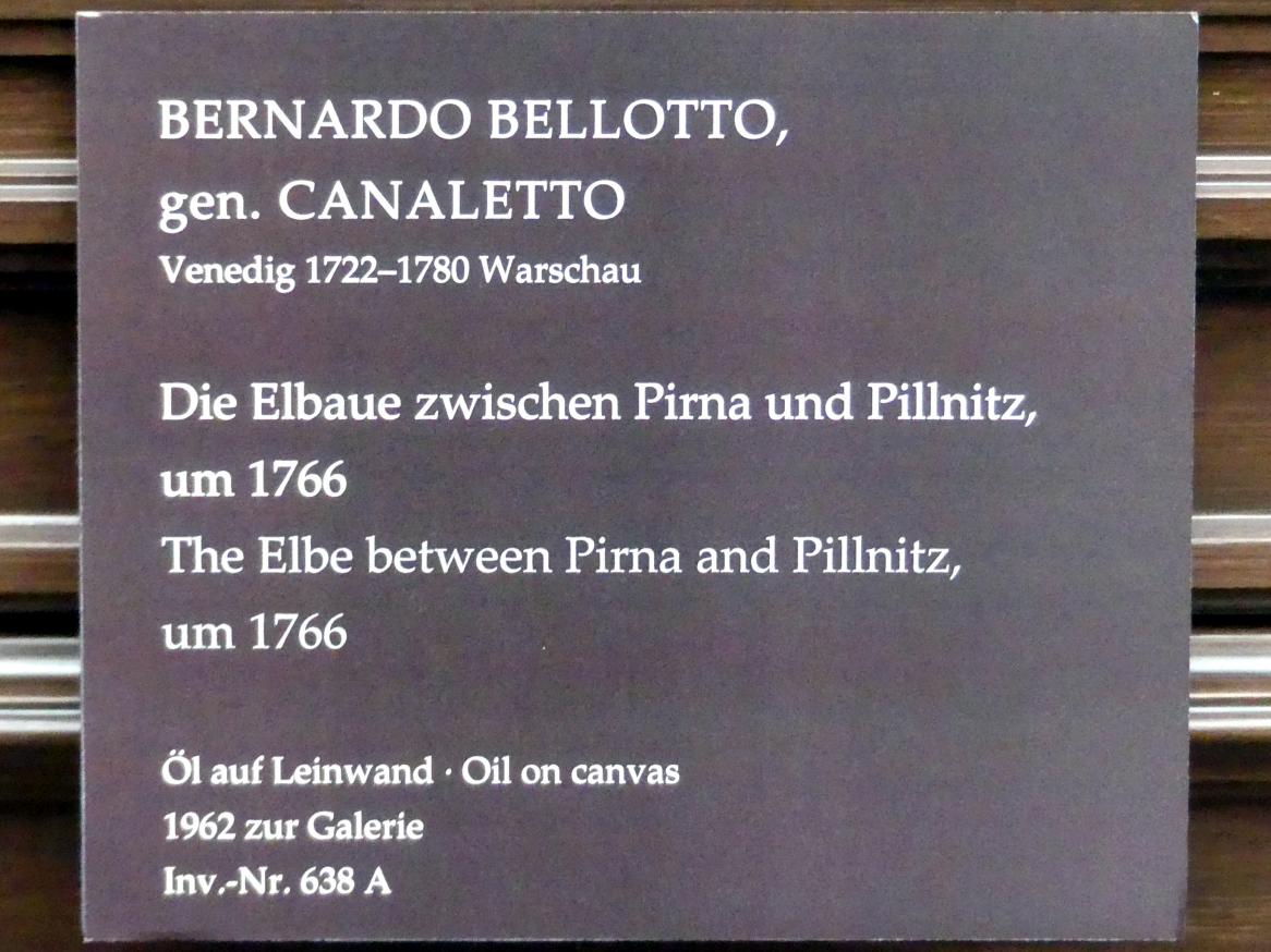 Bernardo Bellotto (Canaletto) (1738–1779), Die Elbaue zwischen Pirna und Pillnitz, Dresden, Gemäldegalerie Alte Meister, 2. OG: Bellottos Dresden, um 1766, Bild 2/2