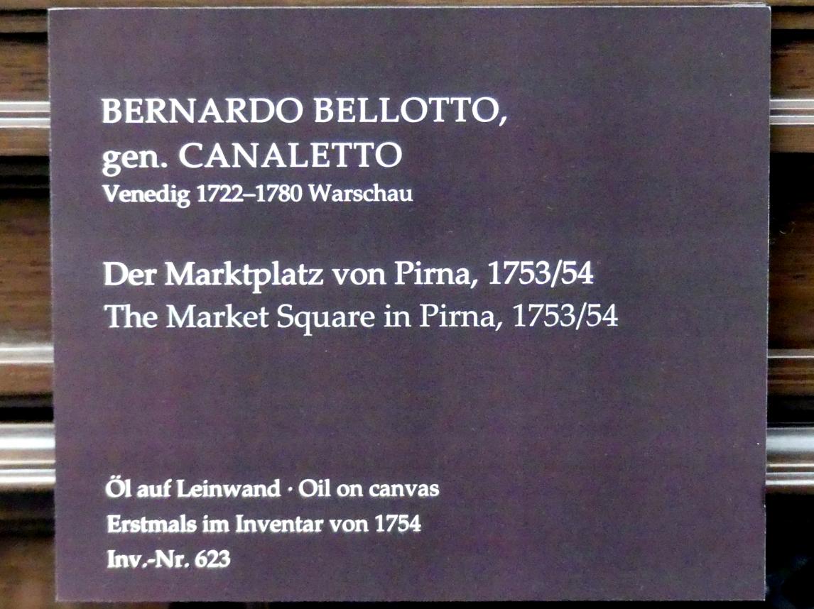 Bernardo Bellotto (Canaletto) (1738–1779), Der Marktplatz von Pirna, Dresden, Gemäldegalerie Alte Meister, 2. OG: Bellottos Dresden, 1753–1754, Bild 2/2