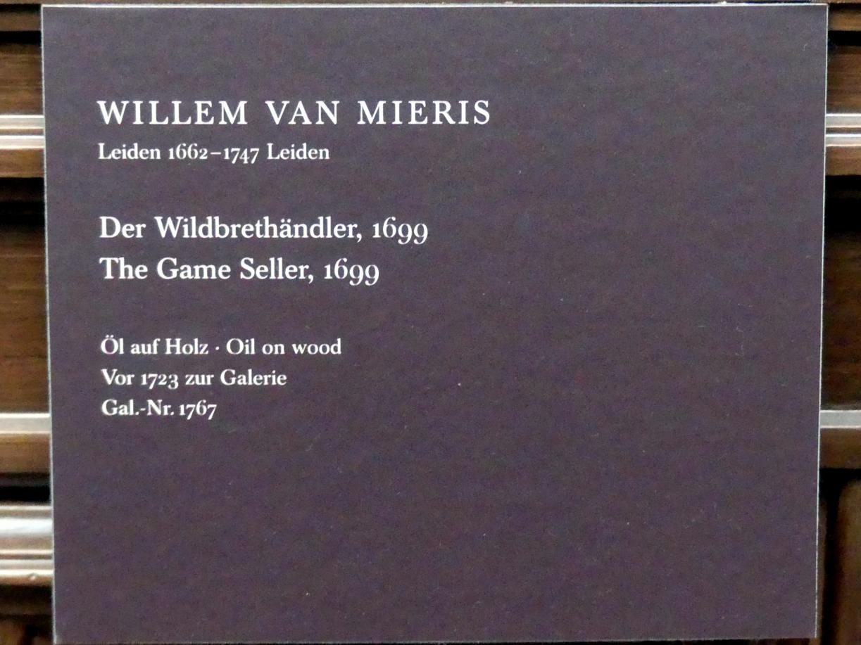 Willem van Mieris (1699–1715), Der Wildbrethändler, Dresden, Gemäldegalerie Alte Meister, 2. OG: Niederländische Genremalerei, 1699, Bild 2/2