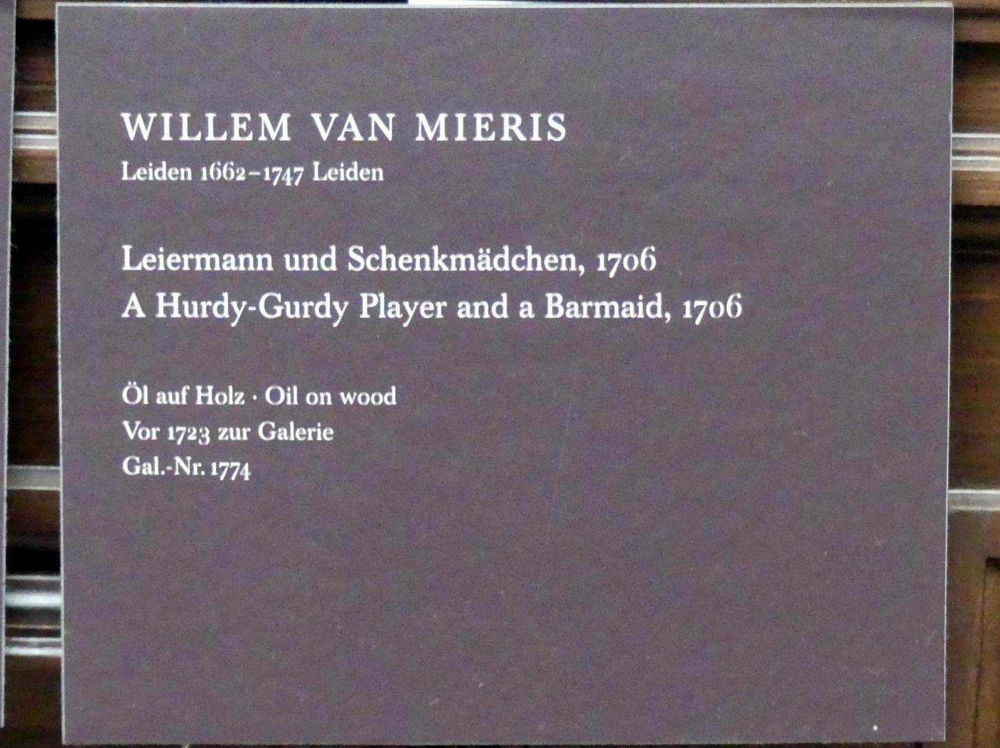 Willem van Mieris (1699–1715), Leiermann und Schenkmädchen, Dresden, Gemäldegalerie Alte Meister, 2. OG: Niederländische Genremalerei, 1706, Bild 2/2