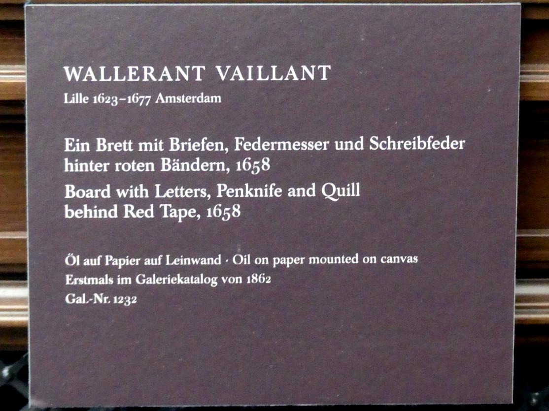 Wallerant Vaillant (1658–1667), Ein Brett mit Briefen, Federmesser und Schreibfeder hinter roten Bändern, Dresden, Gemäldegalerie Alte Meister, 2. OG: Stillleben, 1658, Bild 2/2
