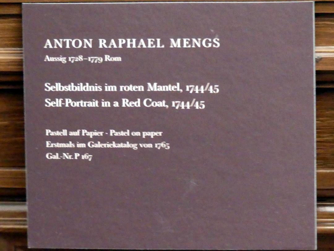 Anton Raphael Mengs (1744–1777), Selbstbildnis im roten Mantel, Dresden, Gemäldegalerie Alte Meister, 2. OG: Pastelle, 1744–1745, Bild 2/2
