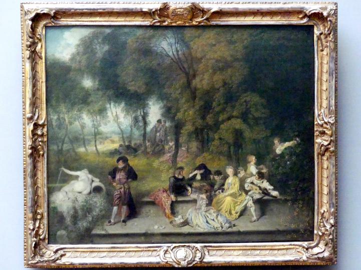 Antoine Watteau (Jean-Antoine Watteau) (1709–1720), Gesellige Unterhaltung im Freien, Dresden, Gemäldegalerie Alte Meister, 2. OG: Hofkunst 18. Jahrhundert, um 1718–1719