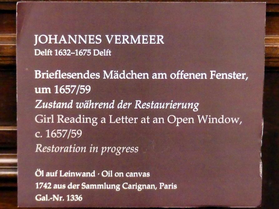 Jan Vermeer (Johannes Vermeer) (1654–1672), Brieflesendes Mädchen am offenen Fenster, Dresden, Gemäldegalerie Alte Meister, 1. OG: Caravaggismus, um 1657–1659, Bild 2/4