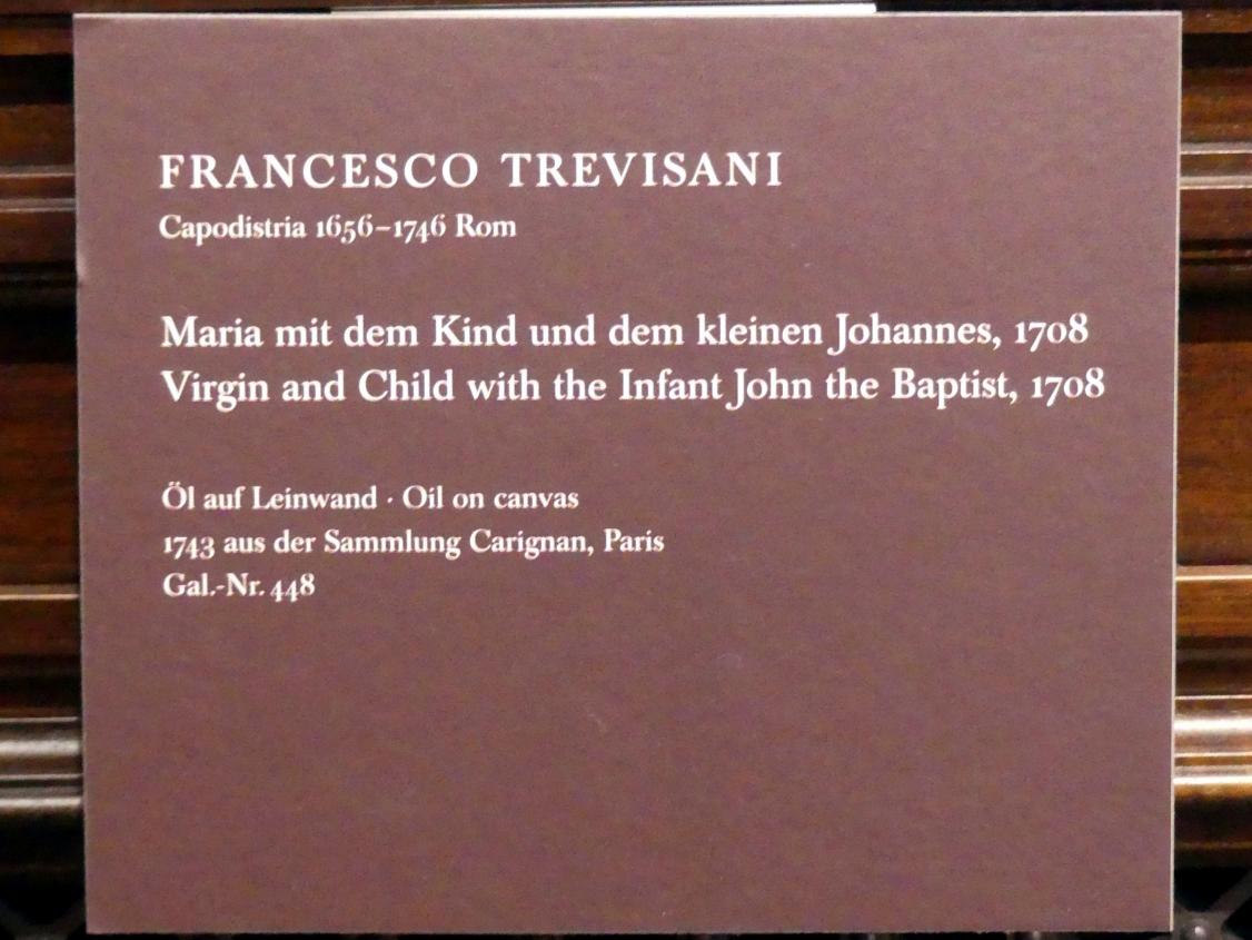 Francesco Trevisani (1705–1737), Maria mit dem Kind und dem kleinen Johannes, Dresden, Gemäldegalerie Alte Meister, 1. OG: Italienische Malerei 17. Jahrhundert, 1708, Bild 2/2