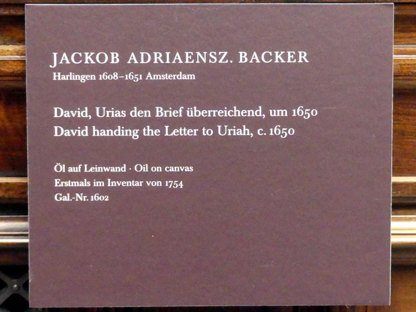 Jacob Adriaensz. Backer (1640–1650), David, Urias den Brief überreichend, Dresden, Gemäldegalerie Alte Meister, 1. OG: Historienmalerei, um 1650, Bild 2/2