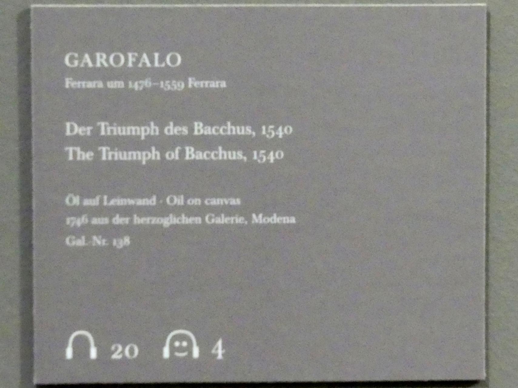 Benvenuto Tisi Garofalo (1509–1540), Der Triumph des Bacchus, Dresden, Gemäldegalerie Alte Meister, EG: Ferrareser Malerei, 1540, Bild 2/3