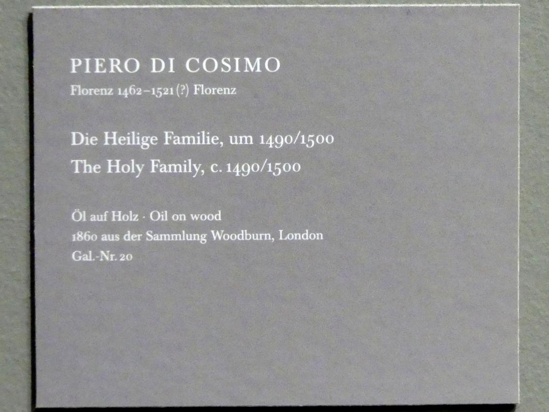 Piero di Cosimo (1481–1512), Die Heilige Familie, Dresden, Gemäldegalerie Alte Meister, EG: Altäre und Andachtsbilder, um 1490–1500, Bild 2/3