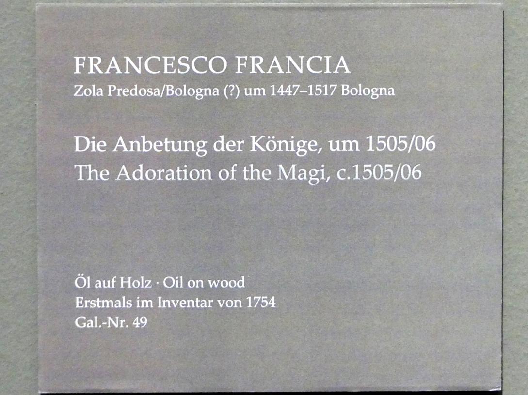 Francesco Francia (Raibolini) (1487–1515), Die Anbetung der Könige, Dresden, Gemäldegalerie Alte Meister, EG: Altäre und Andachtsbilder, um 1505–1506, Bild 2/2