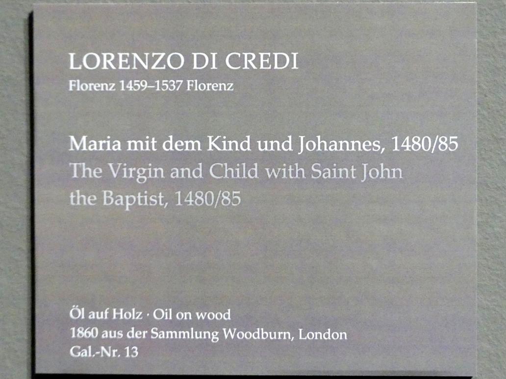 Lorenzo di Credi (1480–1520), Maria mit dem Kind und Johannes, Dresden, Gemäldegalerie Alte Meister, EG: Altäre und Andachtsbilder, 1480–1485, Bild 2/2