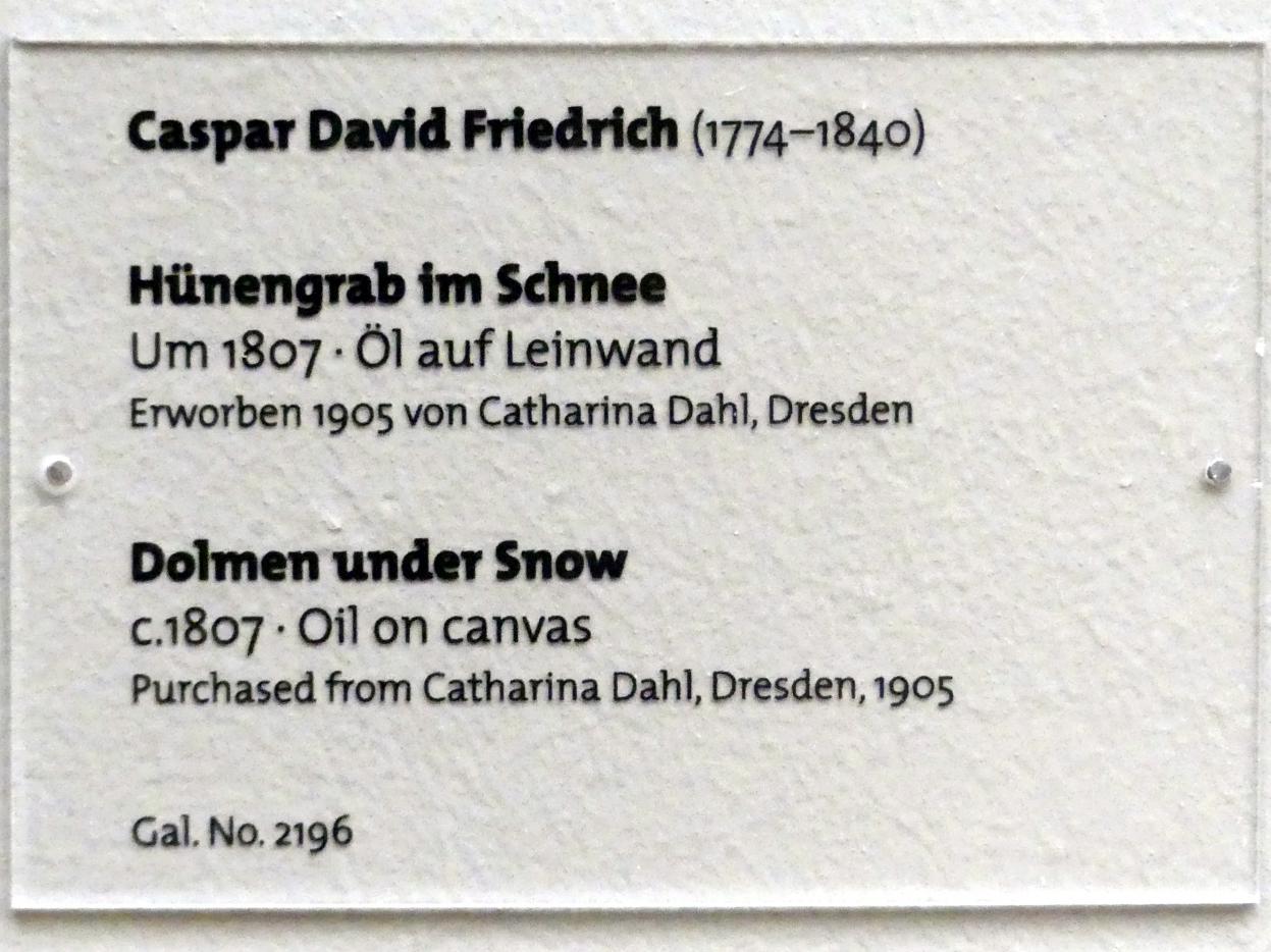 Caspar David Friedrich (1798–1836), Hünengrab im Schnee, Dresden, Albertinum, Galerie Neue Meister, 2. Obergeschoss, Saal 2, um 1807, Bild 2/2
