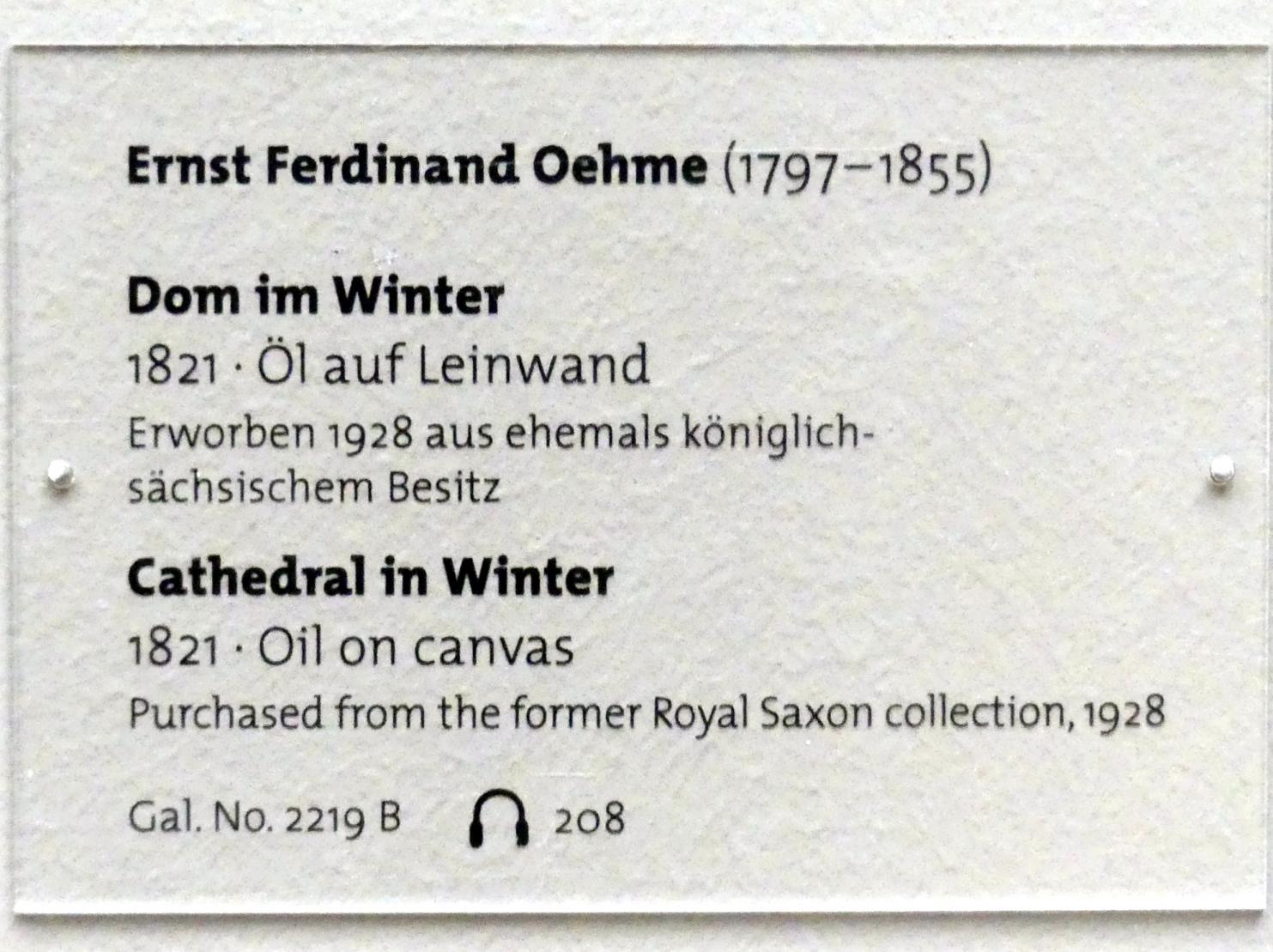 Ernst Ferdinand Oehme (1821–1853), Dom im Winter, Dresden, Albertinum, Galerie Neue Meister, 2. Obergeschoss, Saal 3, 1821, Bild 2/2