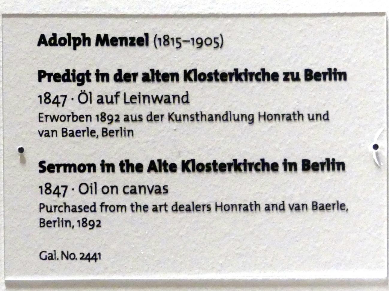 Adolph von Menzel (1844–1888), Predigt in der alten Klosterkirche zu Berlin, Dresden, Albertinum, Galerie Neue Meister, 2. Obergeschoss, Saal 7, 1847, Bild 2/2