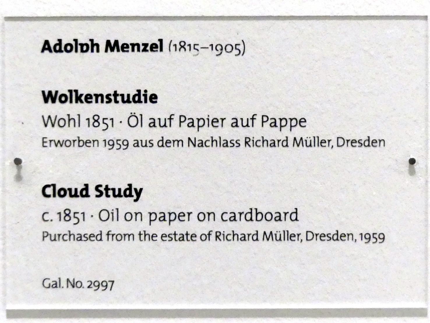 Adolph von Menzel (1844–1888), Wolkenstudie, Dresden, Albertinum, Galerie Neue Meister, 2. Obergeschoss, Saal 7, 1851, Bild 2/2