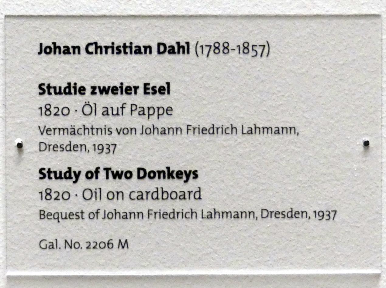 Johan Christian Clausen Dahl (1815–1852), Studie zweier Esel, Dresden, Albertinum, Galerie Neue Meister, 2. Obergeschoss, Saal 9, 1820, Bild 2/2