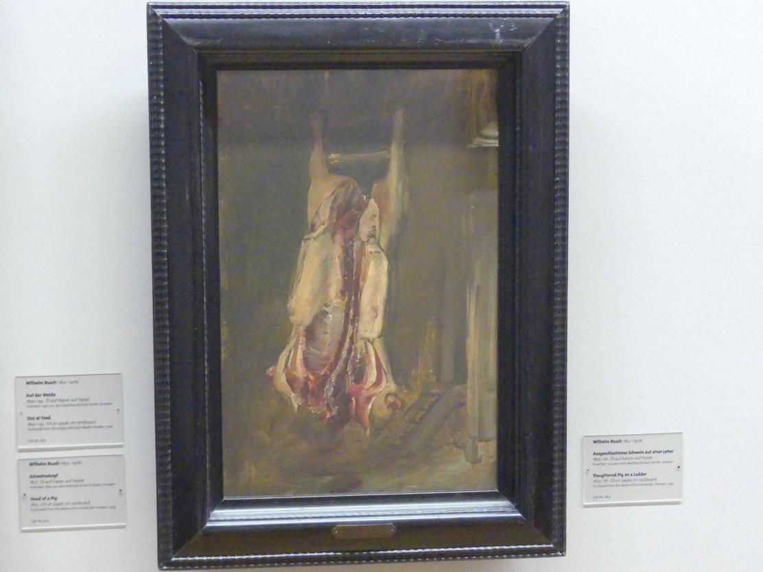Wilhelm Busch (1873–1892), Ausgeschlachtetes Schwein auf einer Leiter, Dresden, Albertinum, Galerie Neue Meister, 2. Obergeschoss, Saal 9, 1870–1876, Bild 1/2