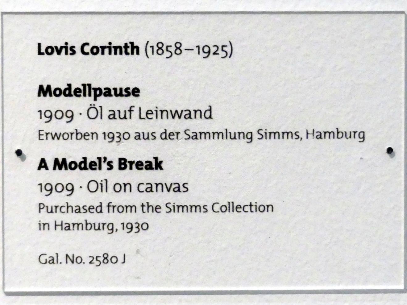 Lovis Corinth (1891–1925), Modellpause, Dresden, Albertinum, Galerie Neue Meister, 2. Obergeschoss, Saal 10, 1909, Bild 2/2