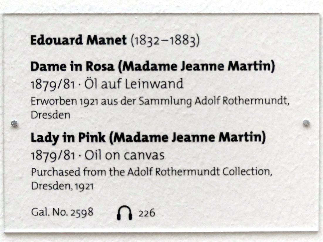 Édouard Manet (1855–1882), Dame in Rosa (Madame Jeanne Martin), Dresden, Albertinum, Galerie Neue Meister, 2. Obergeschoss, Saal 11, 1879–1881, Bild 2/2