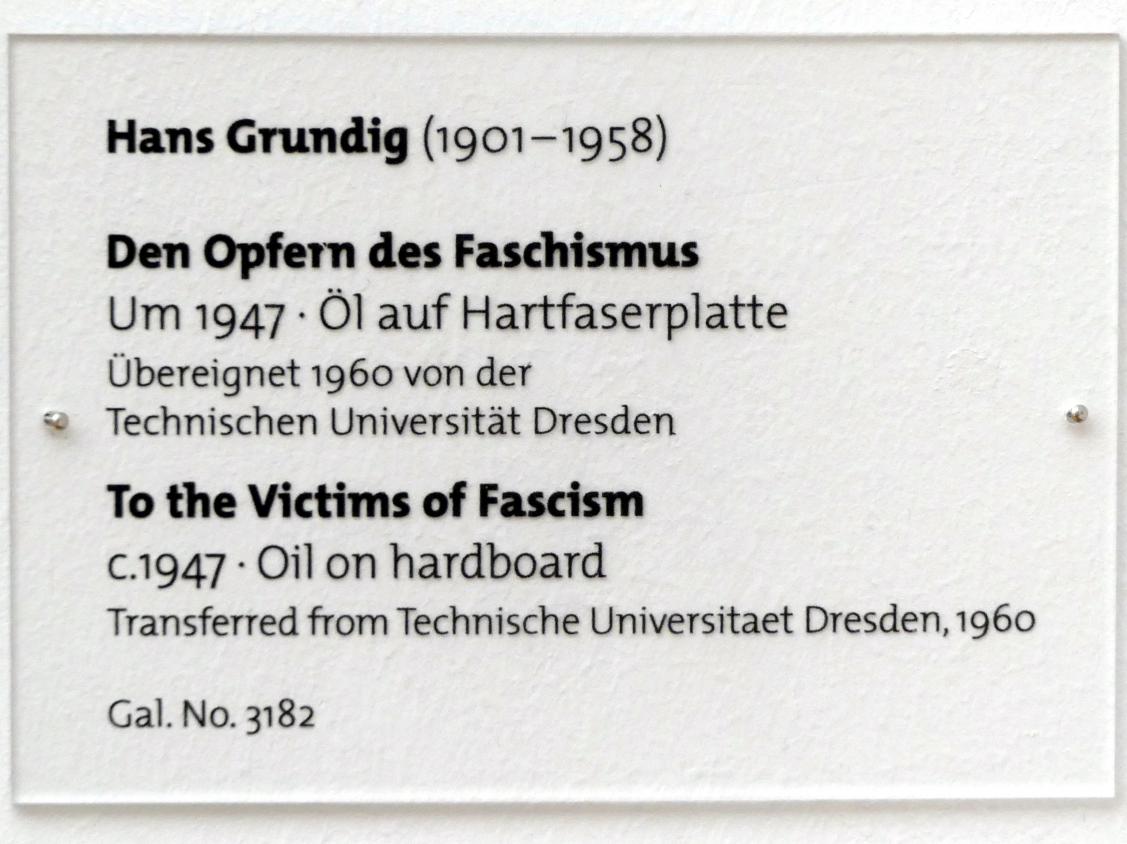 Hans Grundig (1928–1947), Den Opfern des Faschismus, Dresden, Albertinum, Galerie Neue Meister, 2. Obergeschoss, Saal 16, um 1947, Bild 2/2