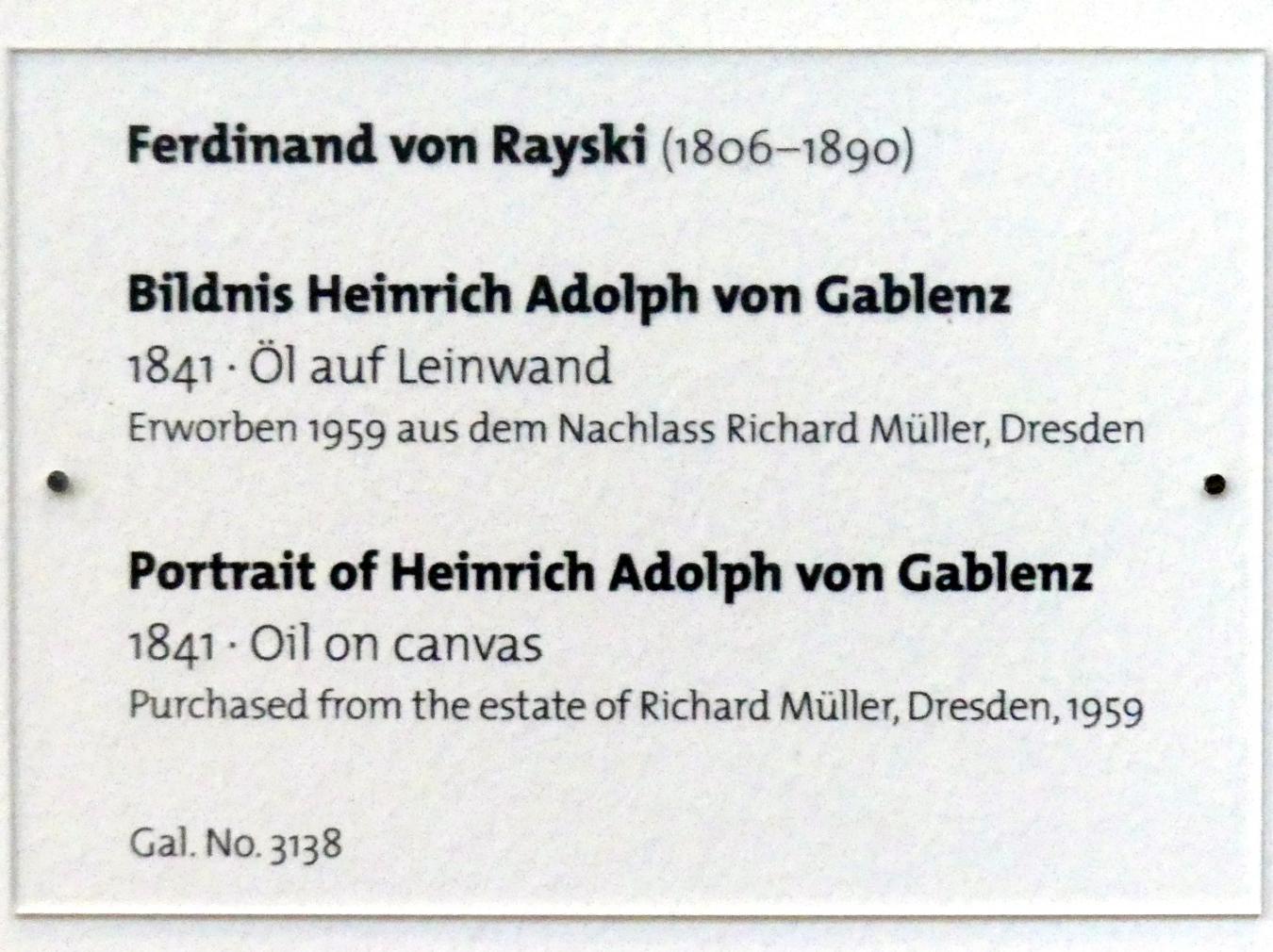 Ferdinand von Rayski (1837–1875), Bildnis Heinrich Adolph von Gablenz, Dresden, Albertinum, Galerie Neue Meister, 1. Obergeschoss, Mosaiksaal, 1841, Bild 2/2