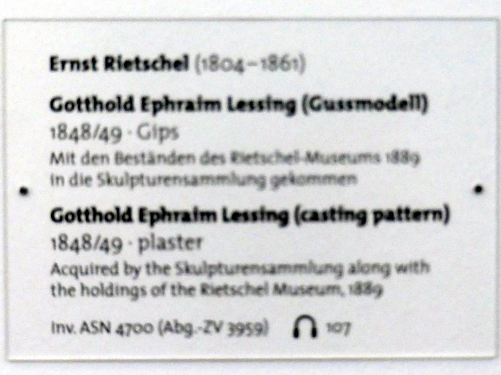 Ernst Rietschel (1829–1859), Gotthold Ephraim Lessing (Gussmodell), Dresden, Albertinum, Galerie Neue Meister, 1. Obergeschoss, Mosaiksaal, 1848–1849, Bild 2/2