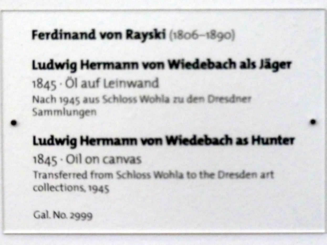 Ferdinand von Rayski (1837–1875), Ludwig Hermann von Wiedebach als Jäger, Dresden, Albertinum, Galerie Neue Meister, 1. Obergeschoss, Mosaiksaal, 1845, Bild 2/2