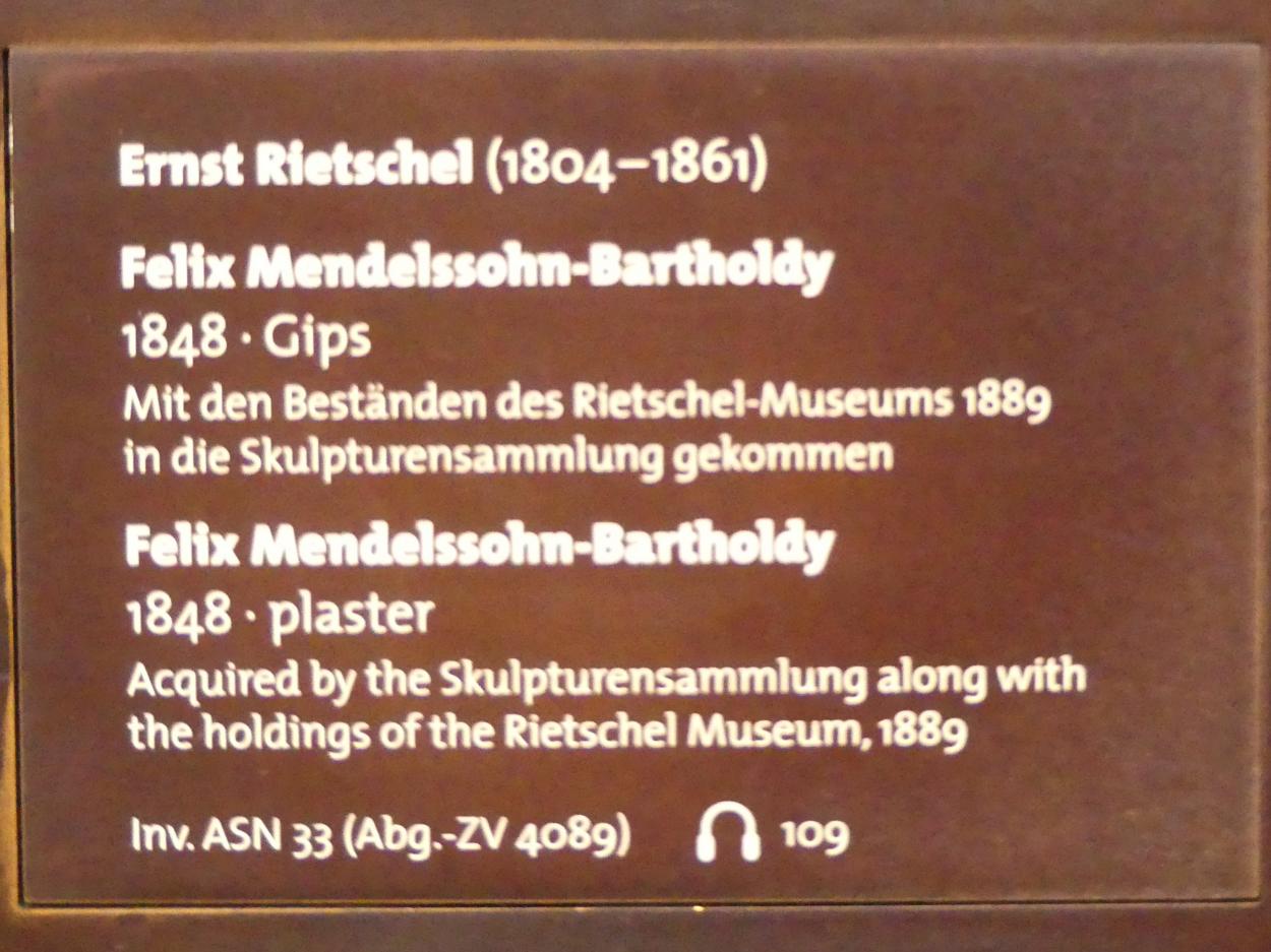 Ernst Rietschel (1829–1859), Felix Mendelssohn-Bartholdy, Dresden, Albertinum, Galerie Neue Meister, 1. Obergeschoss, Mosaiksaal, 1848, Bild 3/3