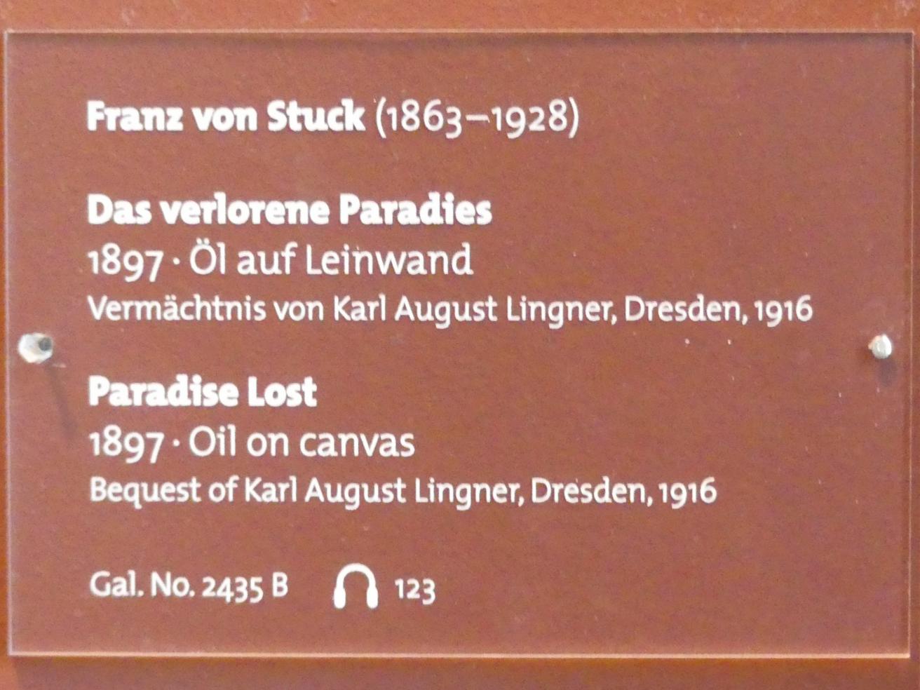 Franz von Stuck (1890–1923), Das verlorene Paradies, Dresden, Albertinum, Galerie Neue Meister, 1. Obergeschoss, Klingersaal, 1897, Bild 2/2