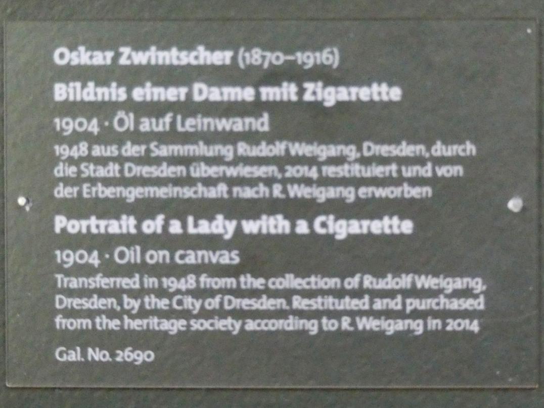 Oskar Zwintscher (1901–1907), Bildnis einer Dame mit Zigarette, Dresden, Albertinum, Galerie Neue Meister, 1. Obergeschoss, Klingersaal, 1904, Bild 2/2