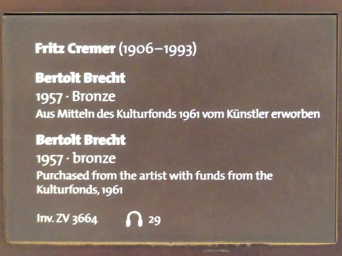Fritz Cremer (1957), Bertold Brecht, Dresden, Albertinum, Galerie Neue Meister, Erdgeschoss, Skulpturenhalle, 1957, Bild 2/2